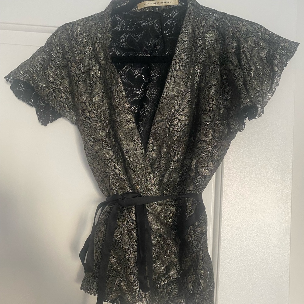 Diane Von Furstenberg lace metallic wrap cardigan